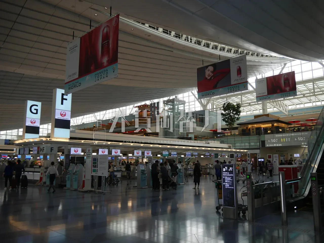 羽田空港国際線ターミナルの JAL チェックインカウンター F・G と頭上に下がる「HANEDA TOKYO JAPAN」資生堂広告