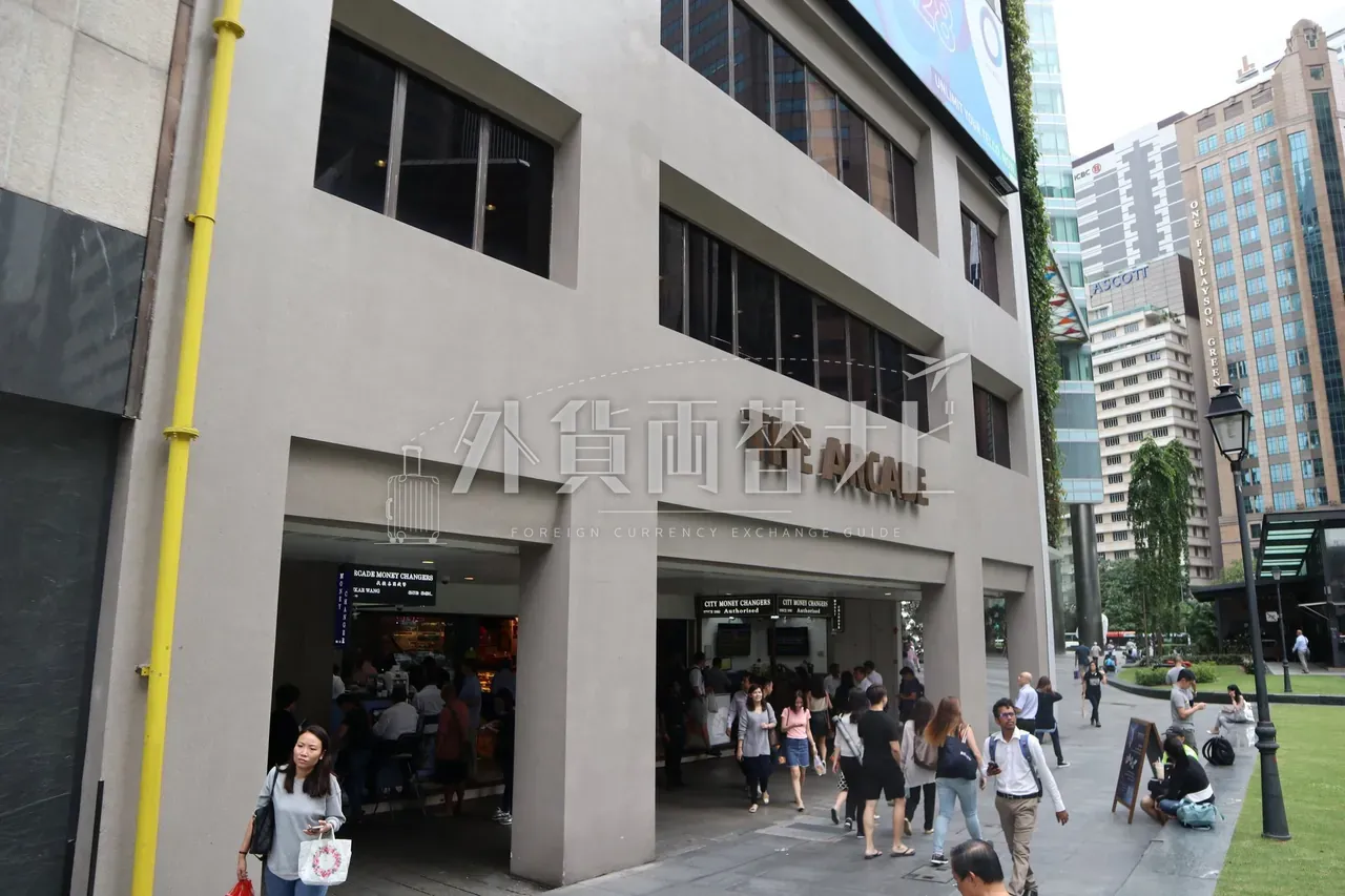 ラッフルズプレイス「THE ARCADE」入口外観と歩道を行き交う人波