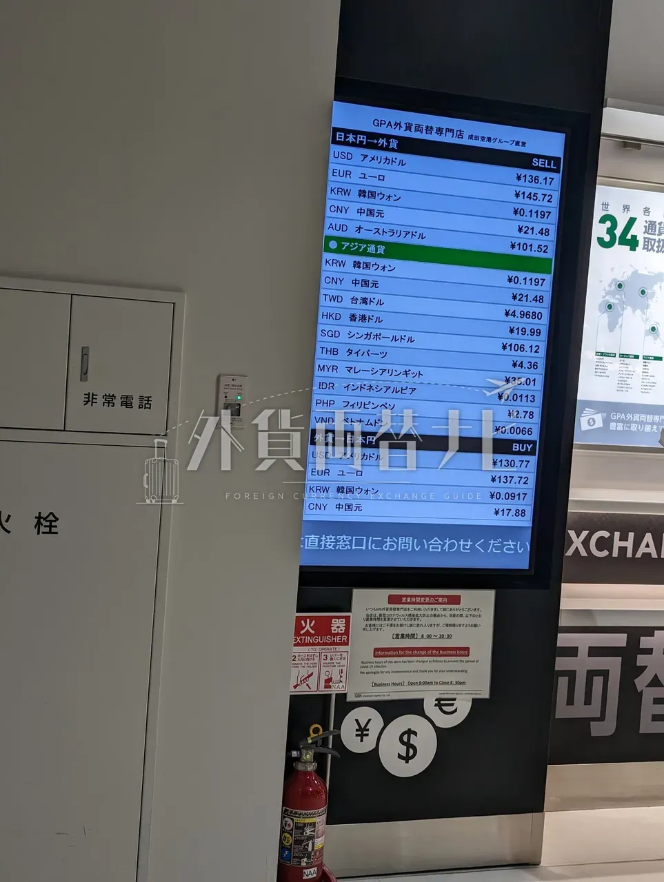 成田空港 GPA 外貨両替専門店の縦型デジタルレートボード。日本円→外貨 14 通貨のレートが一覧表示