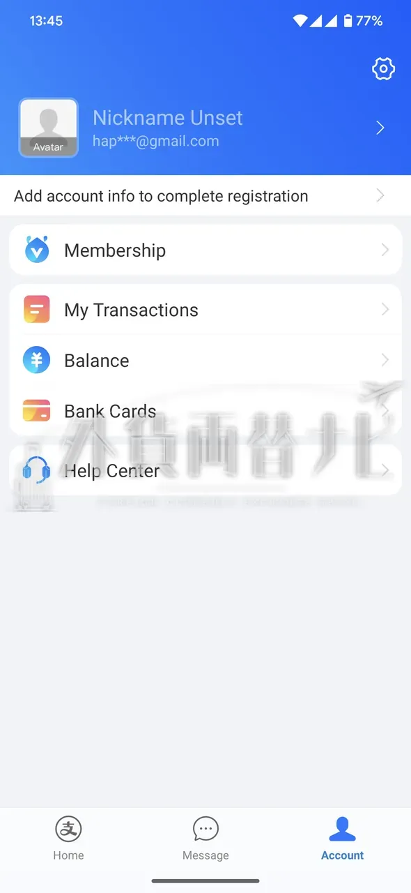 Account 画面から Bank Cards を選ぶ