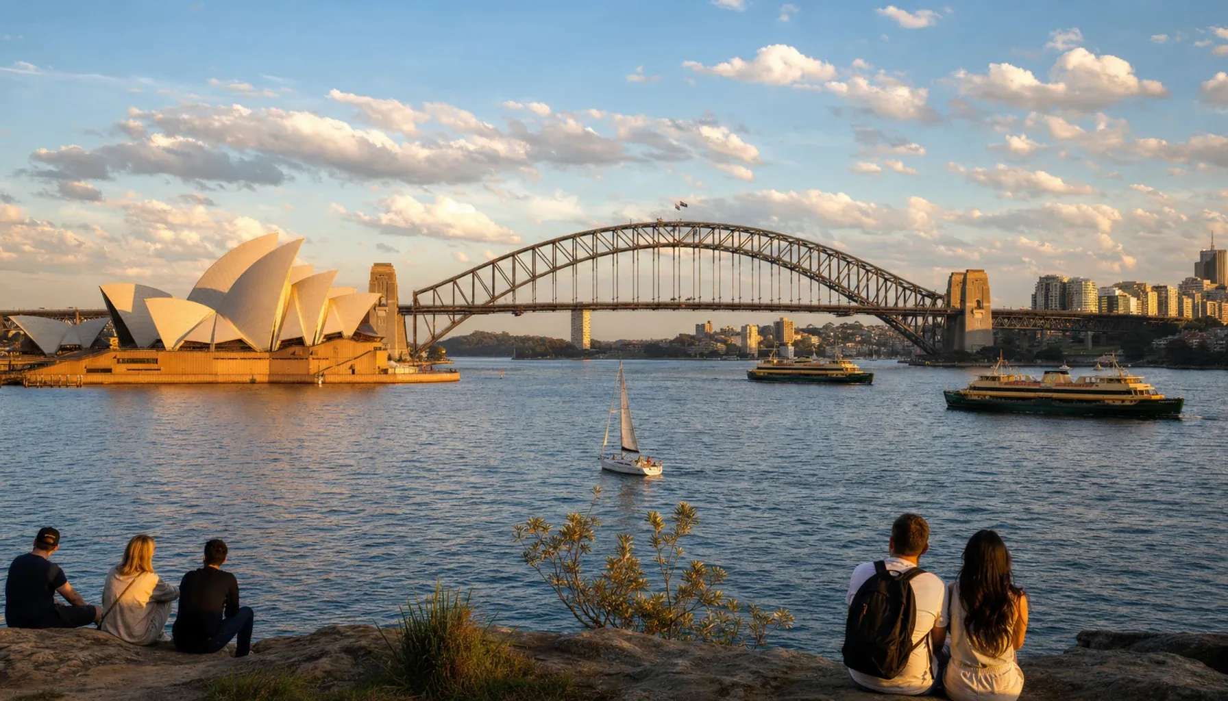 Sydney Harbour at golden hour、Sydney Opera House と Harbour Bridge を同フレームで望むハーバー越しの夕景