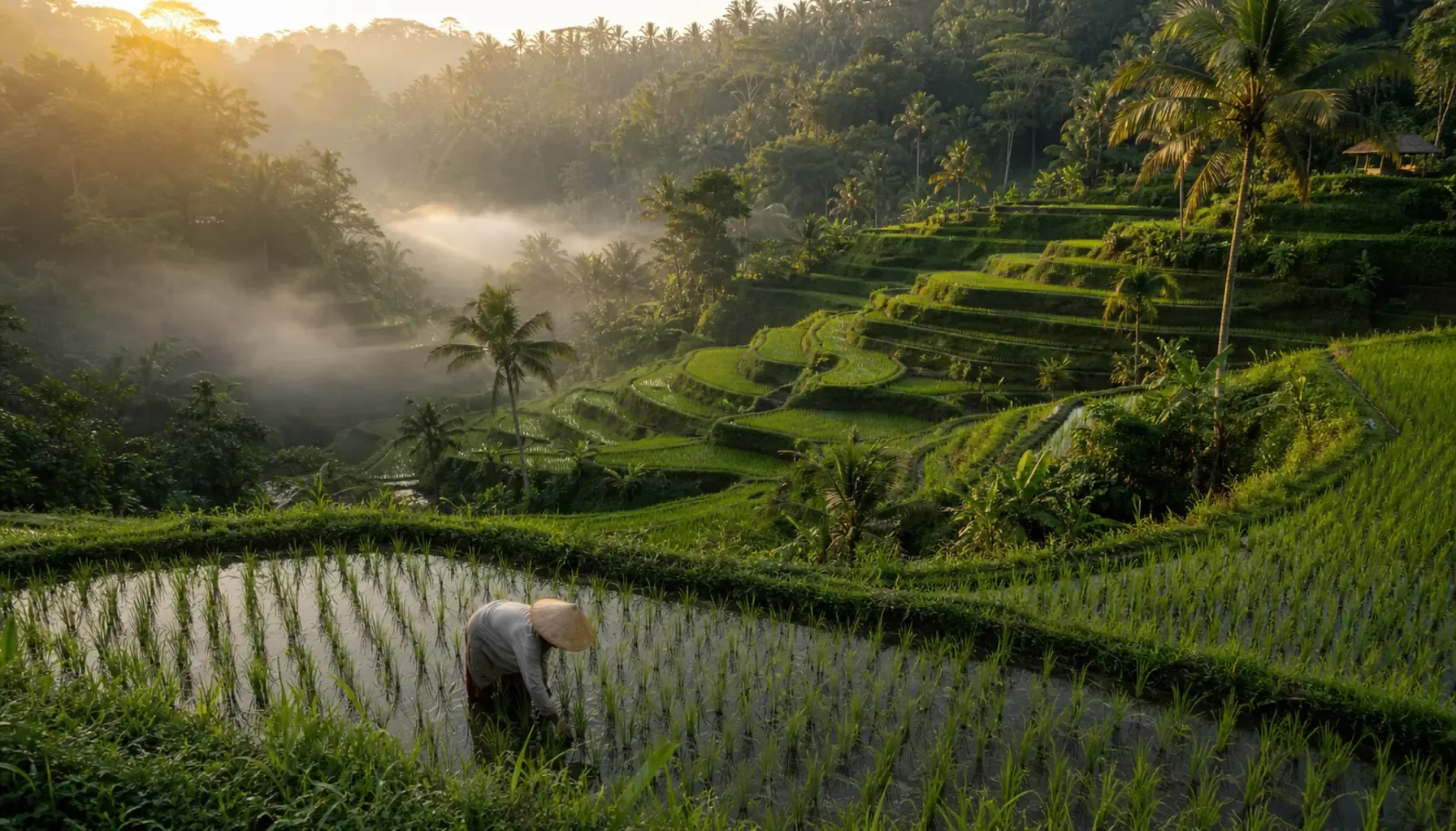 バリ島ウブド近郊の Tegallalang ライステラスの朝景。緑の段々畑と Subak 灌漑、点在する椰子、低い朝霧、農夫の姿。