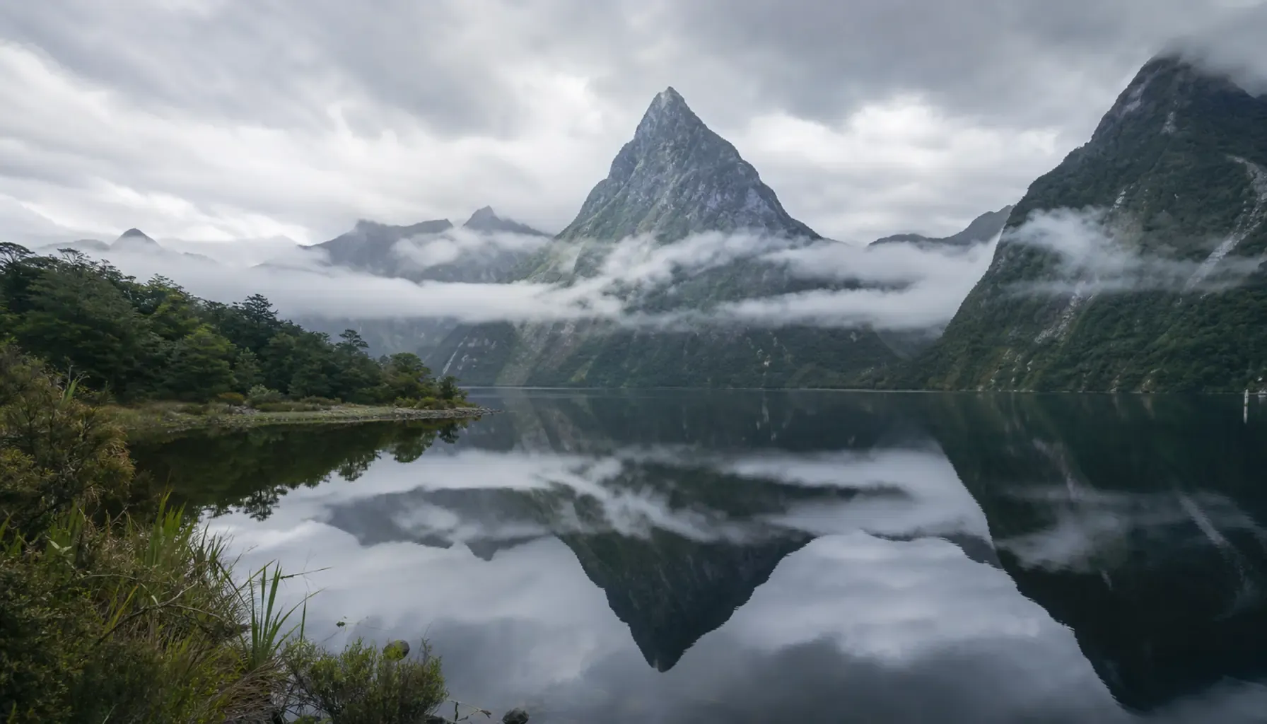 ミルフォードサウンドの朝景。ミトレ・ピーク（Mitre Peak）が静かなフィヨルドの水面に映り込み、両岸に深い緑の山並みが連なる。