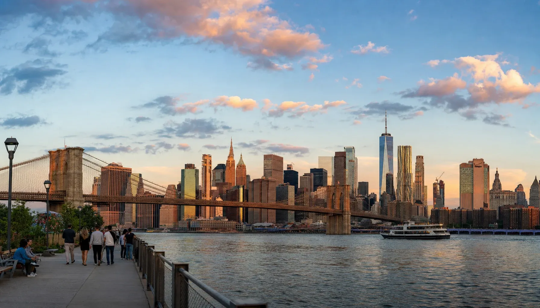 マンハッタン skyline の夕景。Brooklyn waterfront から望む Empire State Building と One World Trade Center、Brooklyn Bridge と East River が前景に。